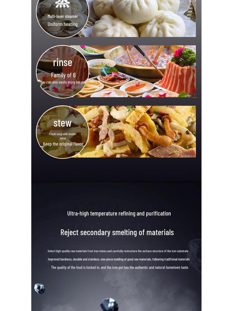 Многофункциональная электрическая сковорода и кастрюля Yangzi - Посуда из непокрытого чугуна для приготовления на пару, тушения и жарки