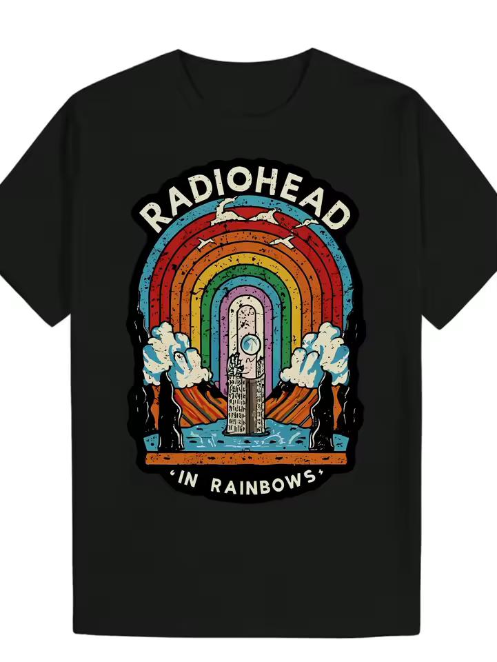 Men'S Vintage Radiohead "In Rainbows" Graphic TeeNeck Short Sleeve T-Shirt Y2K Anime Horror Dark Humor Band Theme Gift Soft