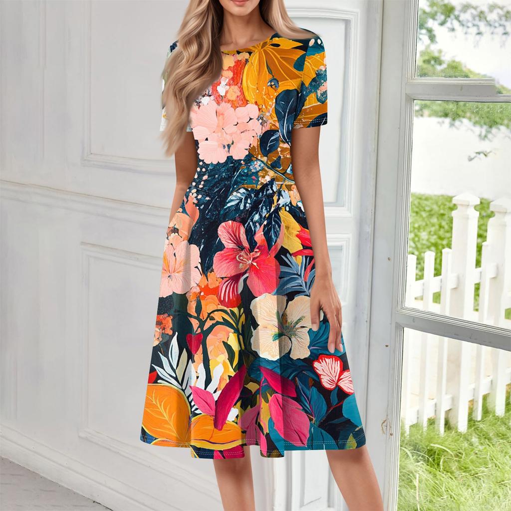 Женское свободное повседневное и модное платье с круглым вырезом и короткими рукавами, средней длины с принтом