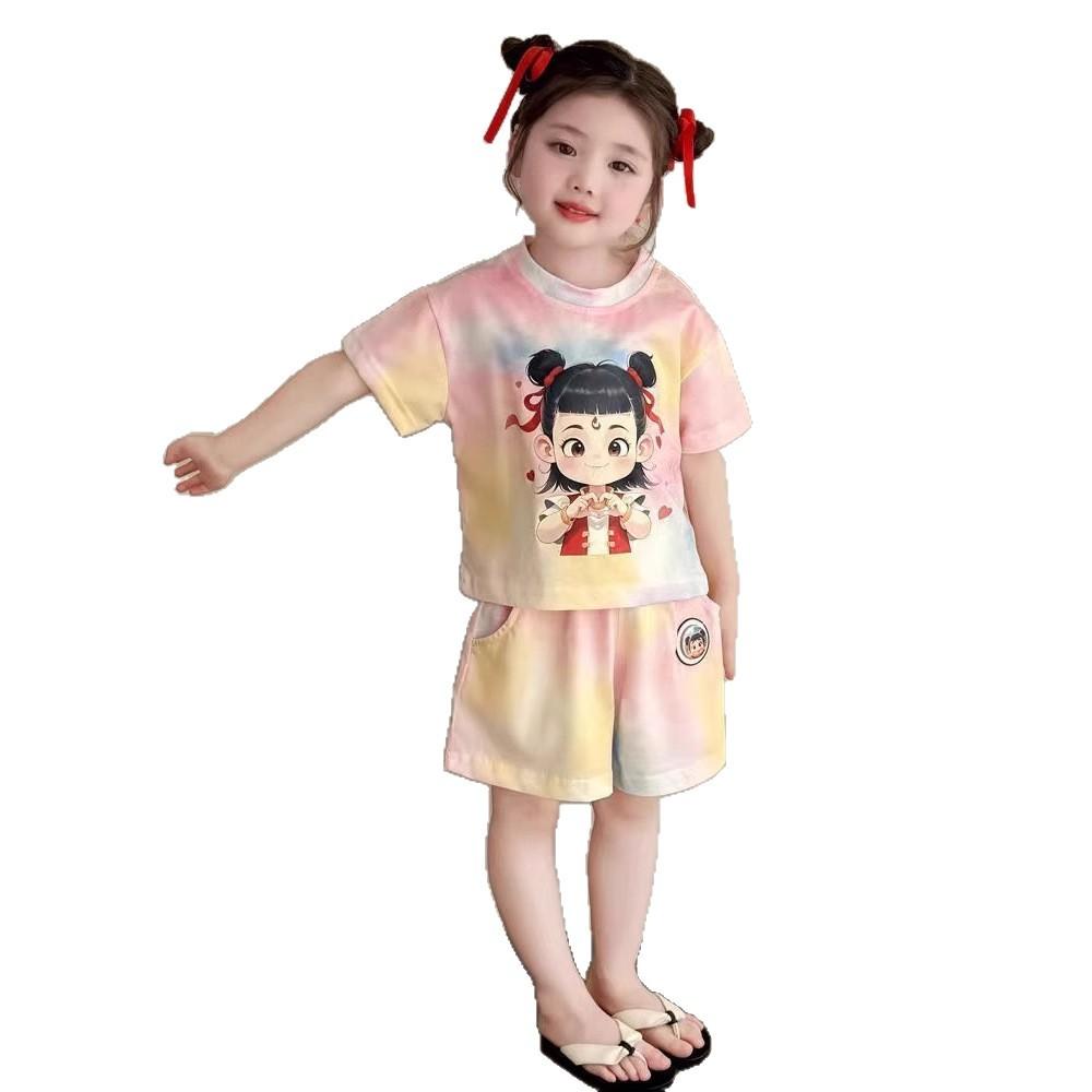 Girls Summer Cartoon Short Sleeve 2 Piece Set with Tie Dye Shorts Nezha Print