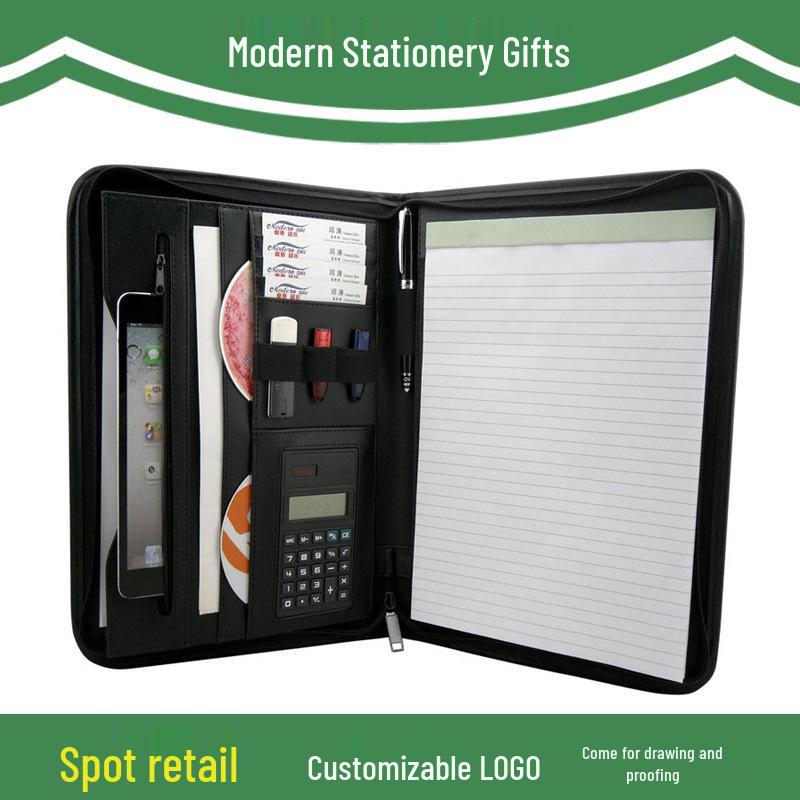A4 PU Leather Business Folder with Calculator and Zipper