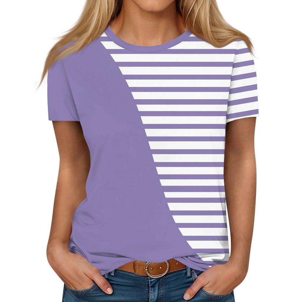 Summer Round Neck 3D Striped Print Top Fashionable Casual Short Sleeved Women's T-shirts