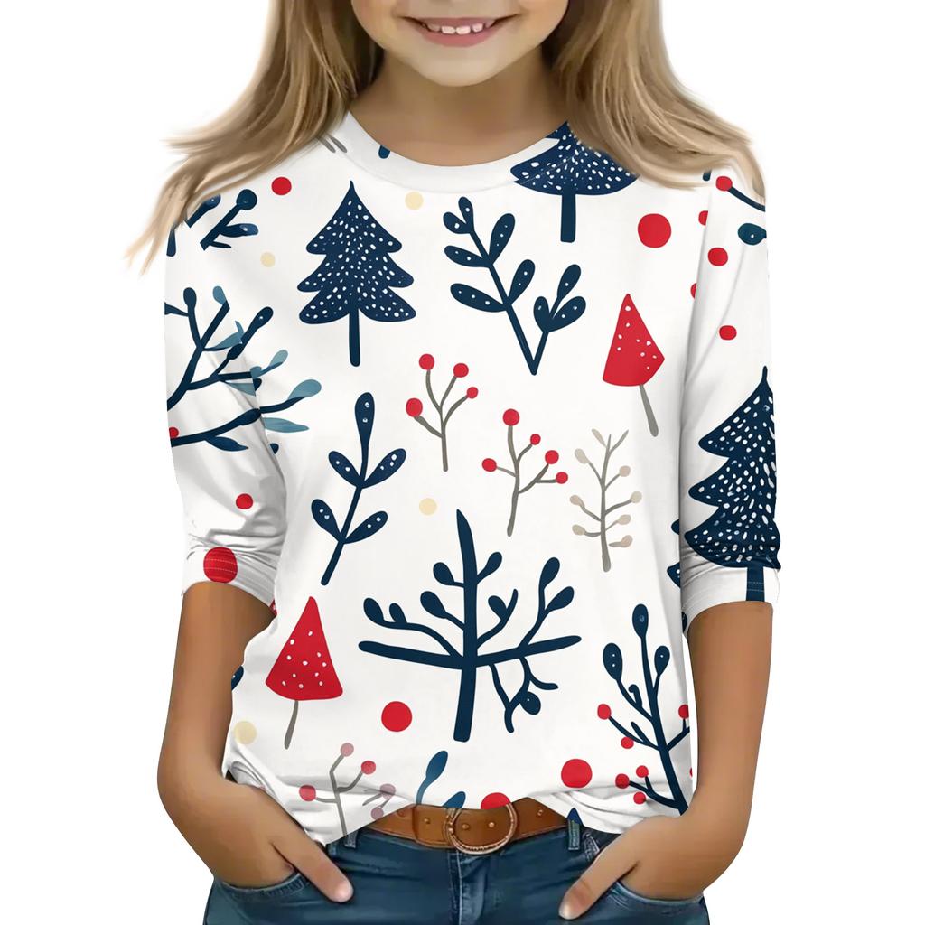 Рождественские топы с принтом для девочек-подростков 5-16 лет, футболки с круглым вырезом и рукавами 3/4, модные топы, нарядные футболки
