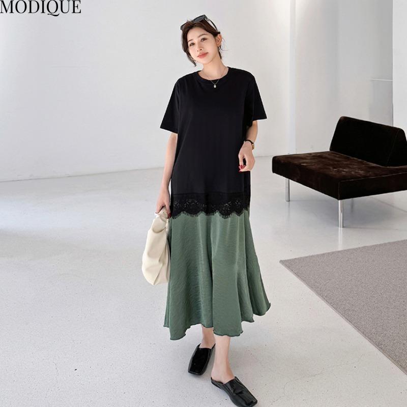 MODIQUE Summer Plus Size New Women Loose Elegant Printing Lace Pleated Patchwork Long Dress Female Casual Short Sleeve O-Neck Dresses