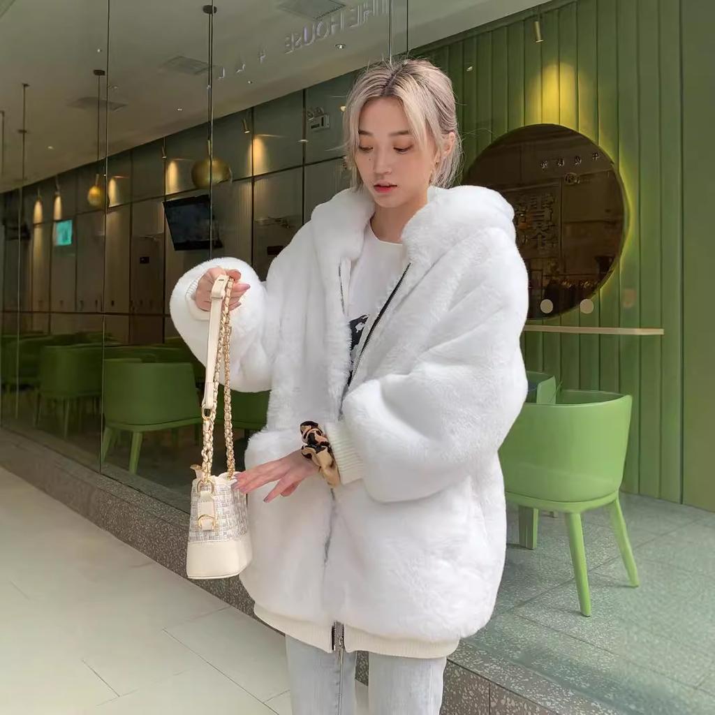 Winter Medium and Long Threaded Fur Jacket New Cocoon Thickened Imitation Rabbit Fur Large Size Women's Hooded Plush Coat