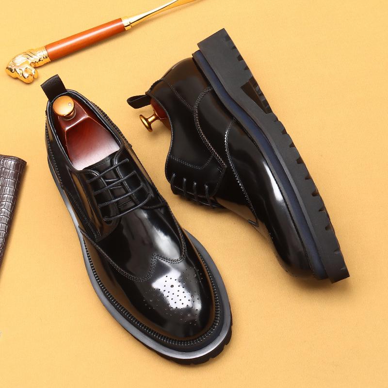Туфли из натуральной кожи на платформе для иностранных товаров, мужская внутренняя трехслойная подошва из коровьей кожи, блестящие туфли с британской гравировкой