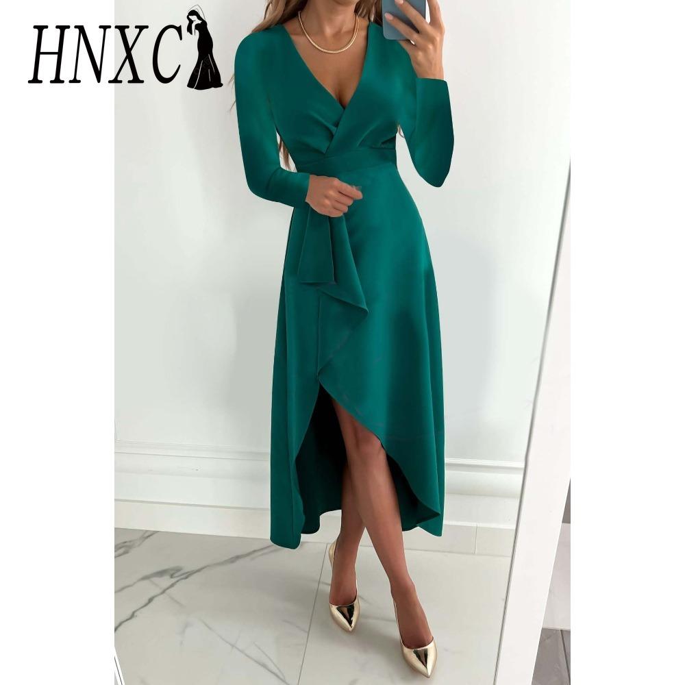 HNXC Женская мода осень-зима сплошной цвет печати с длинным рукавом V-образным вырезом повседневные платья