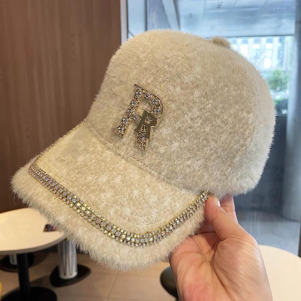 Women's Korean Autumn and Winter Rhinestone Letter Baseball Cap, Outdoor Autumn and Winter Plush Warm Duckbill Cap