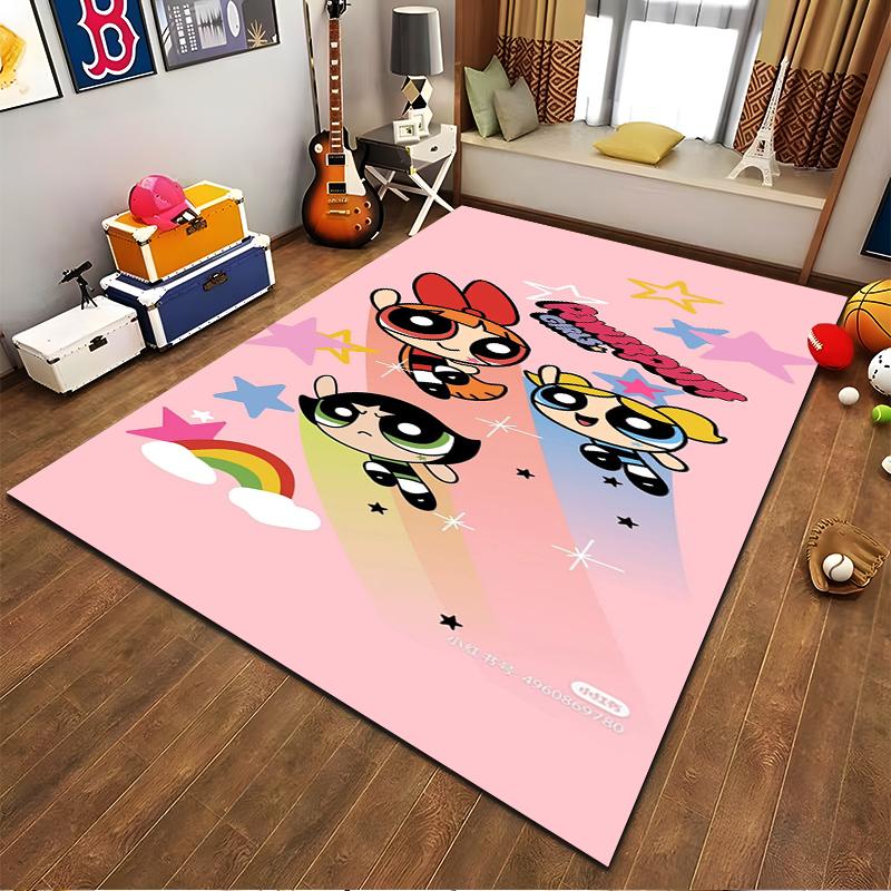 Colorful Cartoon Rug with Powerpuff Girls Design and Pink Background Suitable for use as an anti-slip for living room bedroom sofas