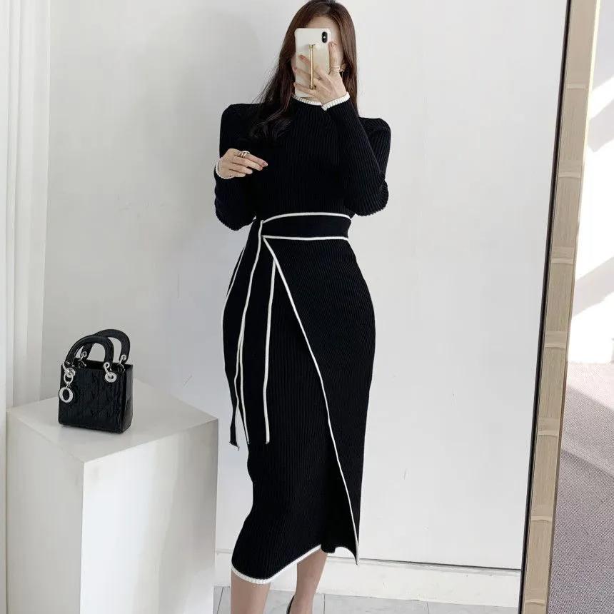 Fashion Autumn/Winter Retro Half High Neck Slim Fit Temperament Colored Mid Length Strap Knitted Elegant Dress for Women