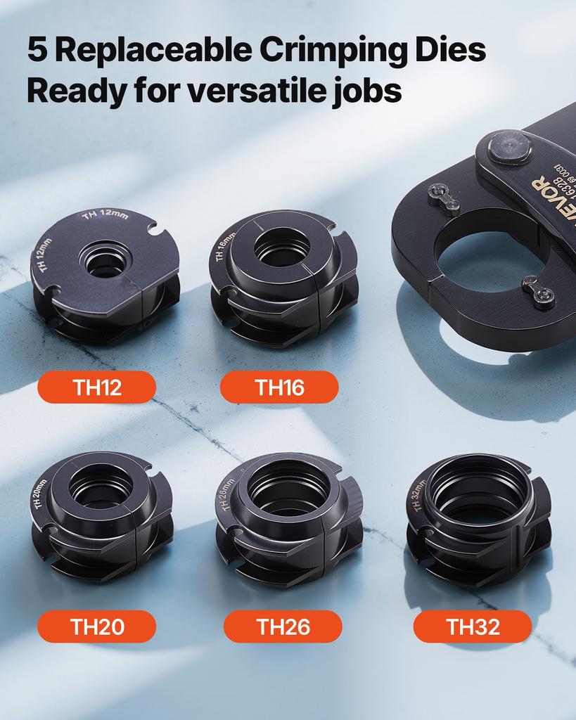 VEVOR Pipe Crimping Tool Kit, PEX & Aluminum-Plastic Tube Crimper with TH12 TH16 TH20 TH26 TH32 Jaws & Bendable Handle