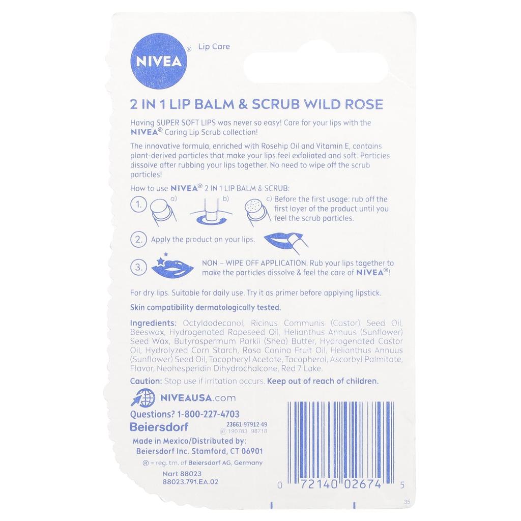Nivea Бальзам для губ и скраб 2 в 1, дикая роза, 0,17 унции (4,8 г)