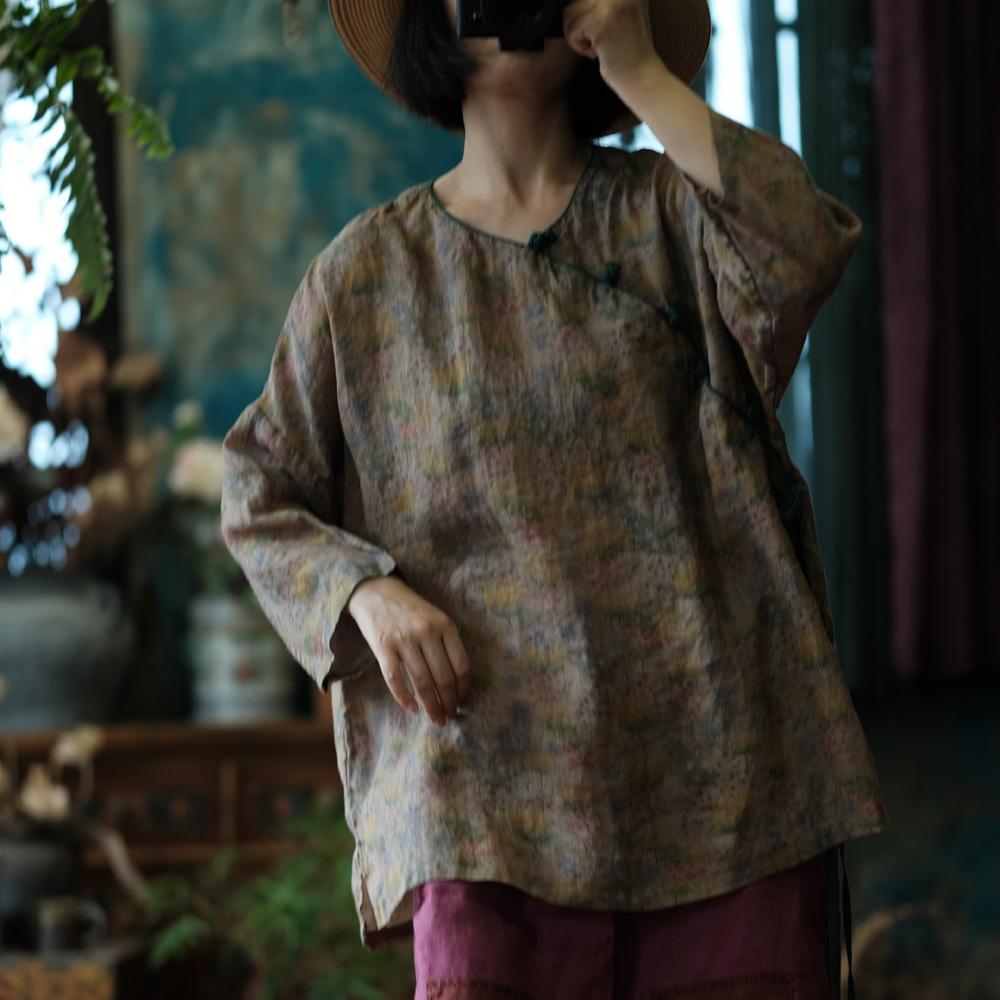 Johnature Women Vintage T-Shirts Print Floral O-Neck Long Sleeve Autumn Button Chinese Style Women T-Shirts