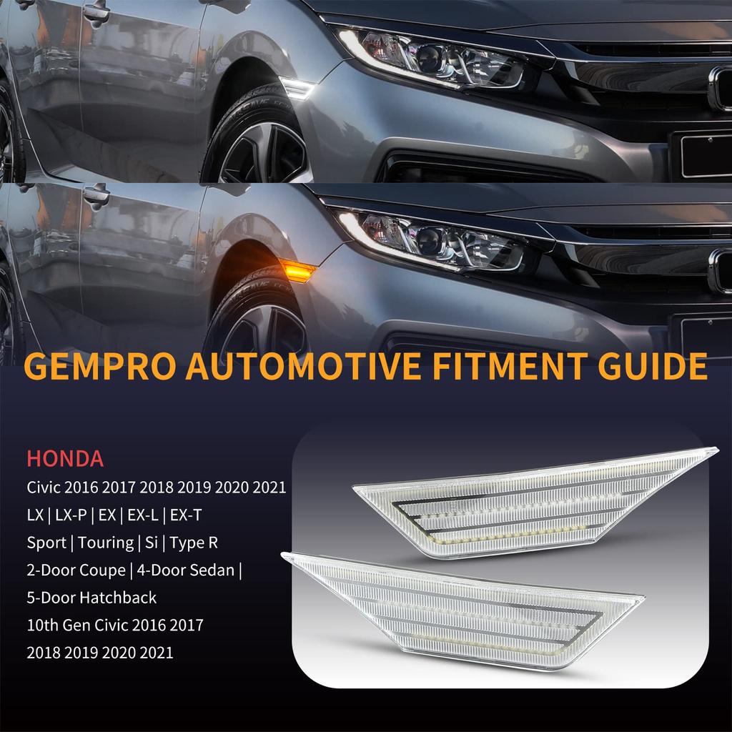 GemPro Front Fender LED Side Marker Lights with Sequential Turn Signal Delights for Honda Civic 10th Generation Type Sport of (FK7, FK8, FC1), Coupe,