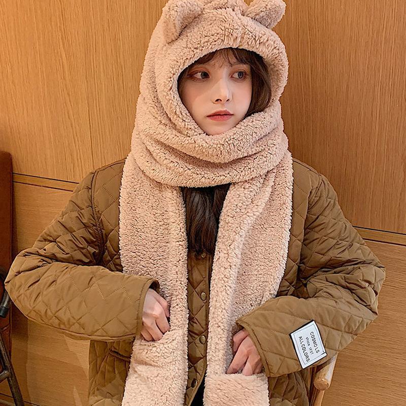 Winter Women One Piece Scarf Cap Winter Thick Warm Hat Scarf Gloves Windproof Anti-cold Girls Cartoon Bear Lamb Fleece Beanie
