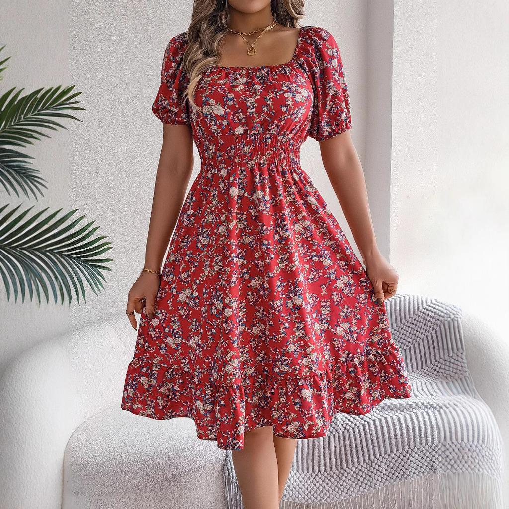 Spring and Summer Women's Floral Square Neck Short Sleeve Waist-slimming Ruffle A-line Dress