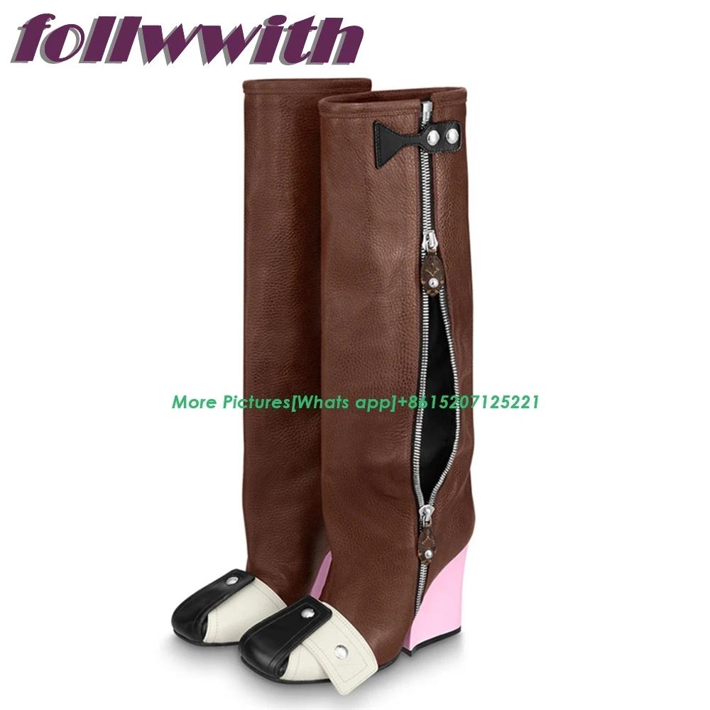 Patchwork Runway Winter Woman Booties Wedges Knee High Side Zipper Modern Newest 2025 Shoes Hot Sale Mixed Colors