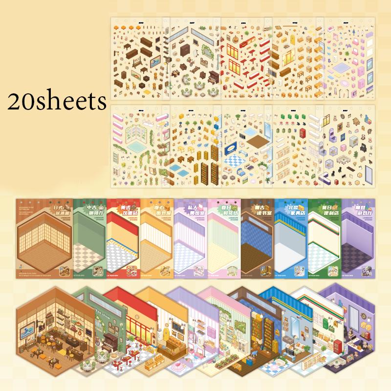 20sheets/bag Sticker Book 3D Town Scenery Flip Stickers Scrapbook Stationery DIY Handbook Decoration For Phone Case Notebook