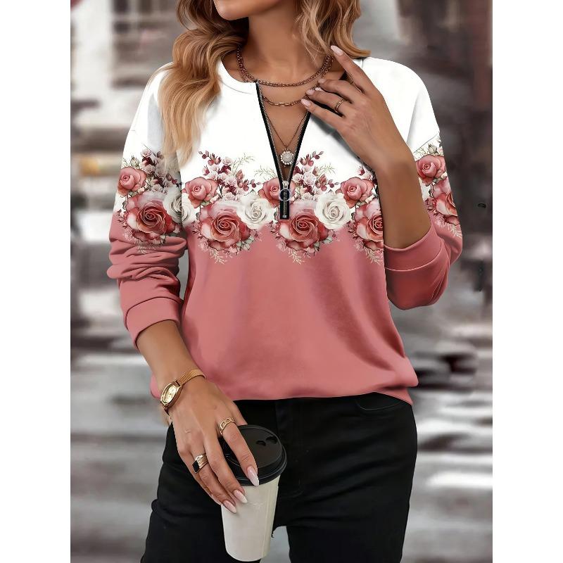 European and American Autumn and Winter Fashion Geometric Print Round Neck Zipper Women's Long Sleeve T-shirt