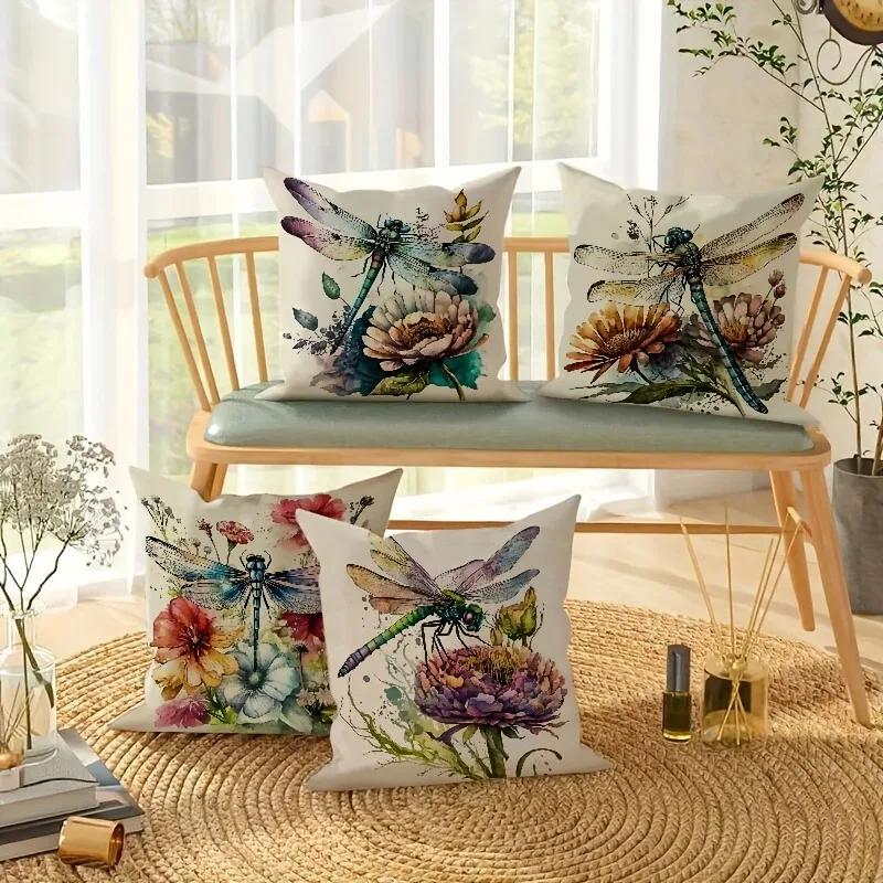 Dragonfly Floral Pattern Printing Pillowcase Living Room Sofa Chair Cushion Cover Home Bedroom Room Decoration 45x45cm