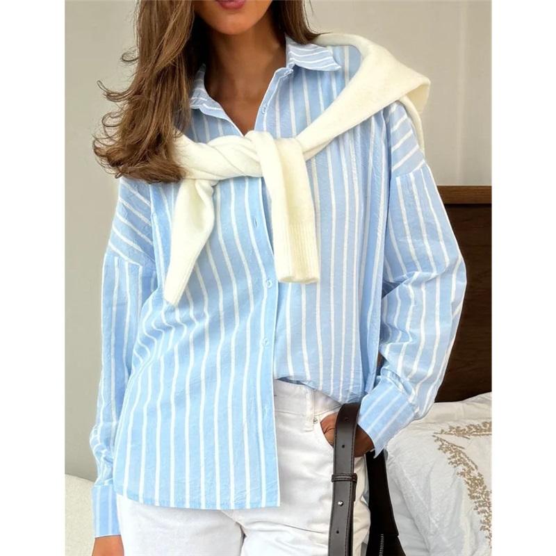 Women Striped Linen Button‑Down Shirt Loose Long Sleeve Casual Oversized Blouse For Daily Wear