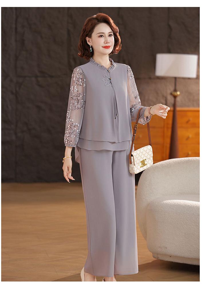 Chic Women's Suit: Mesh Sleeve Top & Wide-Leg Pants Set for Stylish Middle-Aged and Elderly Moms