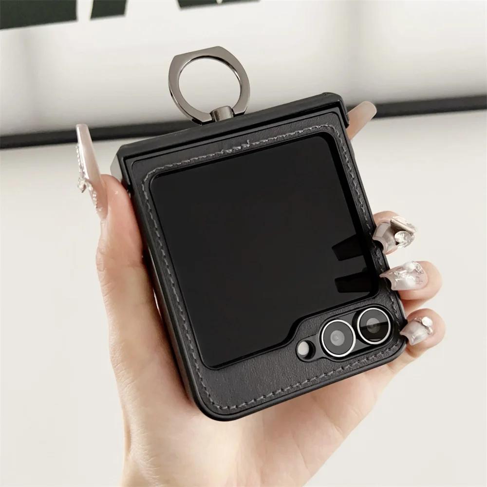 Магнитный кожаный чехол для телефона Samsung Z Flip 6 5 4 3 Flip6 Flip5 Flip4 Flip3 Ring Hinge Protective Cover