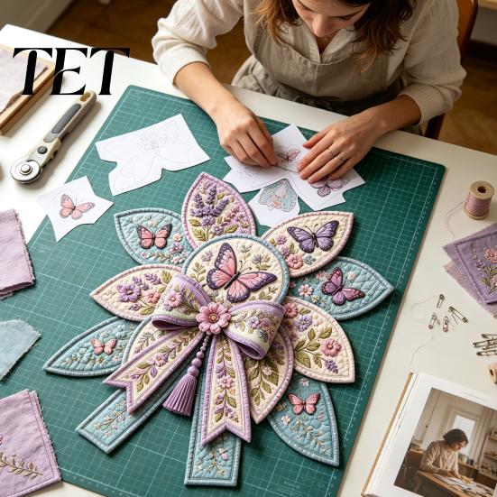 Beginner Friendly Craft Activity DIY Quilted Hanger Kit for Door Wall, Wreath Patchwork Bow Sewing Interior Wall Fireplace Decoration Kit, Fabric
