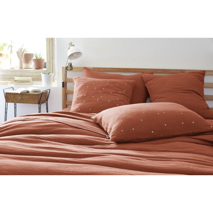 Taie d'oreiller Pois Doré Déco "Gaïa Chic" 60 x 60 cm &amp; 50 x 70 cm "Gaze de Coton" - Gaïa Chic Terracotta - 60 x 60 cm