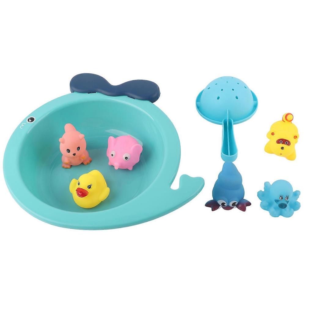 Baby Shower Bath Toy 6 Floating Animals BB Squeaker Spoon Basin Water Play Bathtub Toys