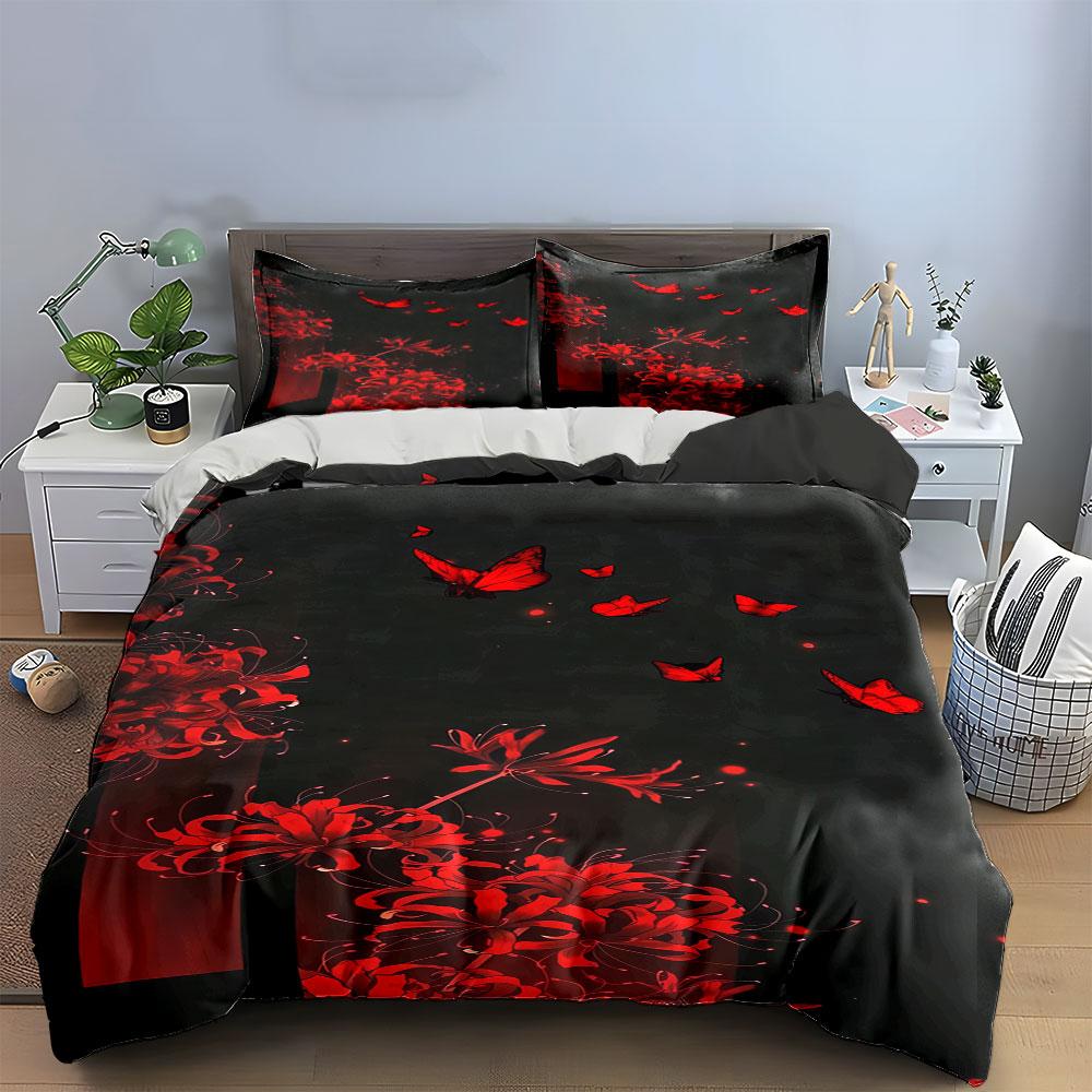 Red butterflies and flowers. Bedding sets Duvet cover sets Duvet covers Pillowcases(1*Duvet Cover 2*Pillowcases without duvet insert)