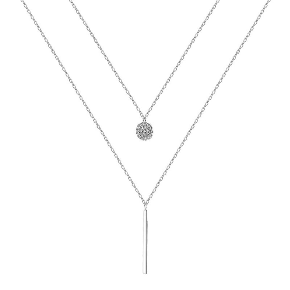 Zircon Round Shiny Rose gold 925 Sterling Silver Long Pendant Clavicle Chain Double Layer Necklace