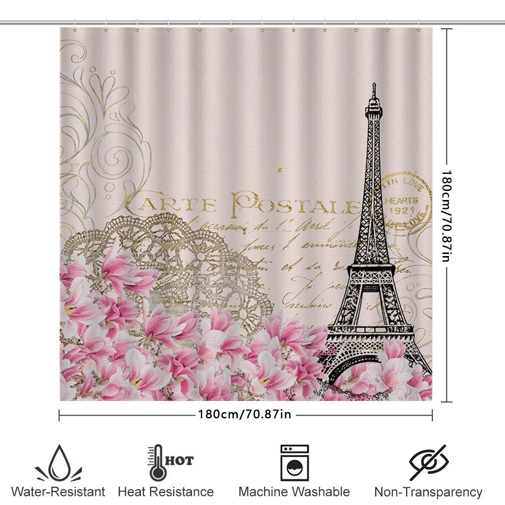 Винтажная Шторка для душа с Эйфелевой башней и цветами Paris Розовые магнолии Декоративный набор для ванной комнаты Домашняя ванная комната 3D-печать Водостойкая ткань