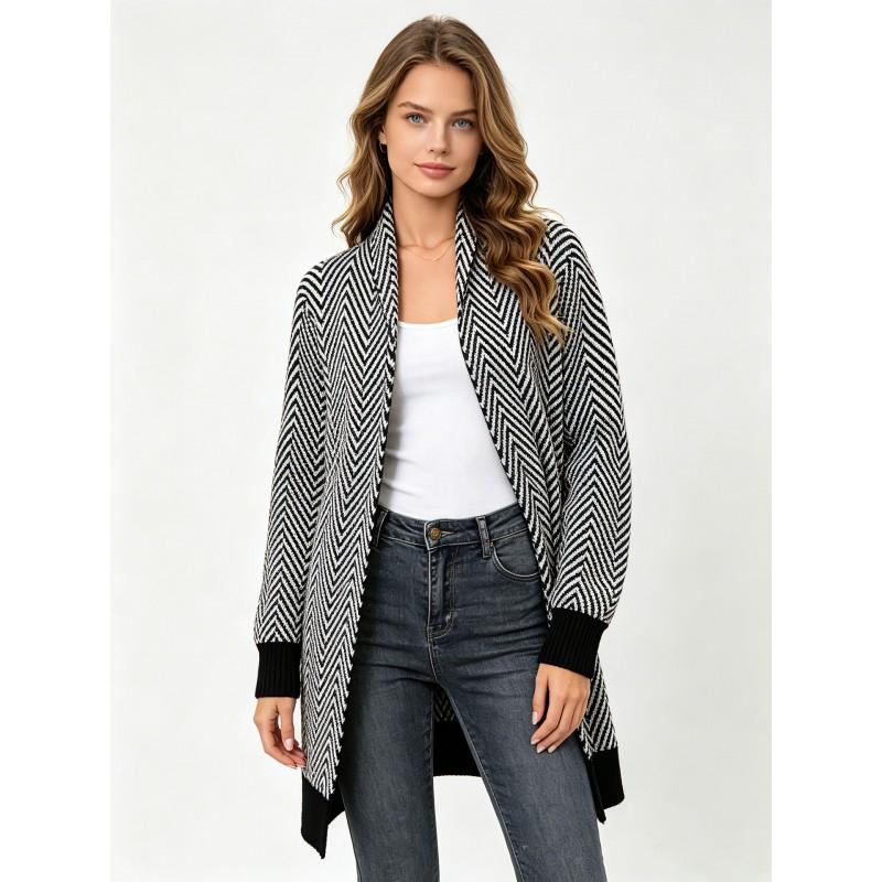 Womens Chevron Striped Knit Cardigan Long Sleeve Loose Fit Cozy Oversized Sweater Winter Layering