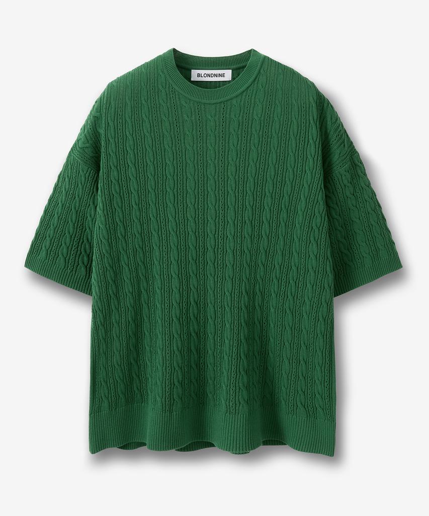 BLOND9 Cable Punched Short Sleeve Round Knit_Forest Green