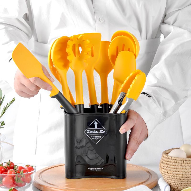 Черный и желтый пэчворк силиконовый кухонный набор из 10 предметов кухонные принадлежности для приготовления пищи ведро для хранения