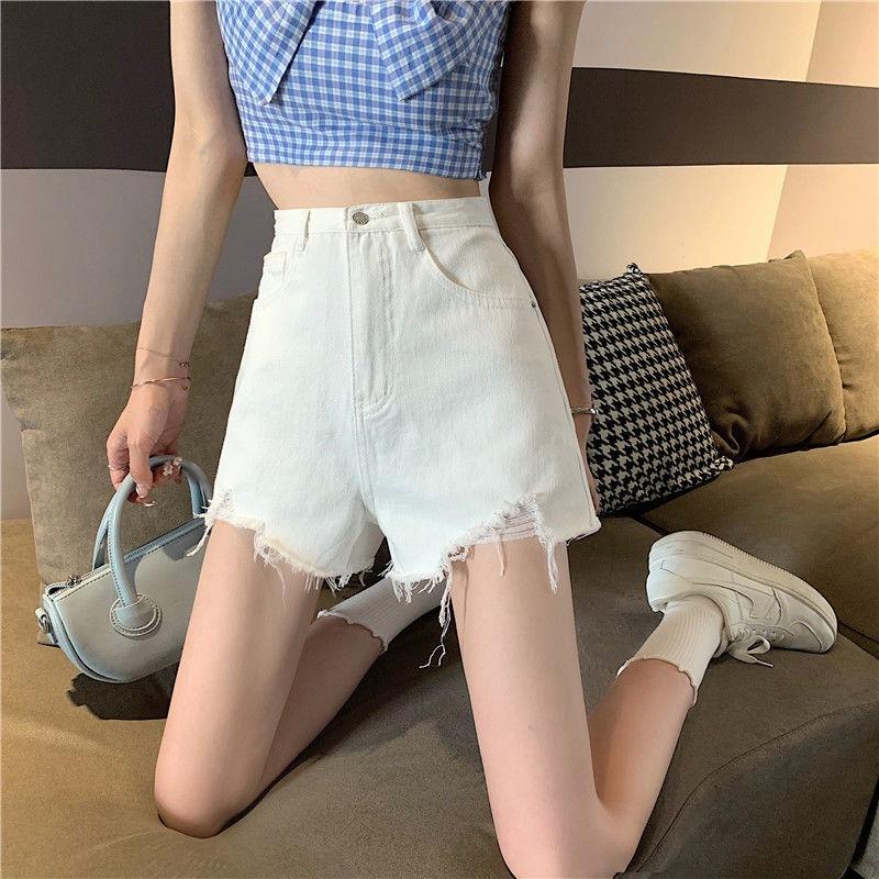 Classic and Minimalist Fashion Versatile Broken Holes Female Summer High-waisted Thin Raw Edge A-line Wide-leg Denim Shorts Individuality Trendiness