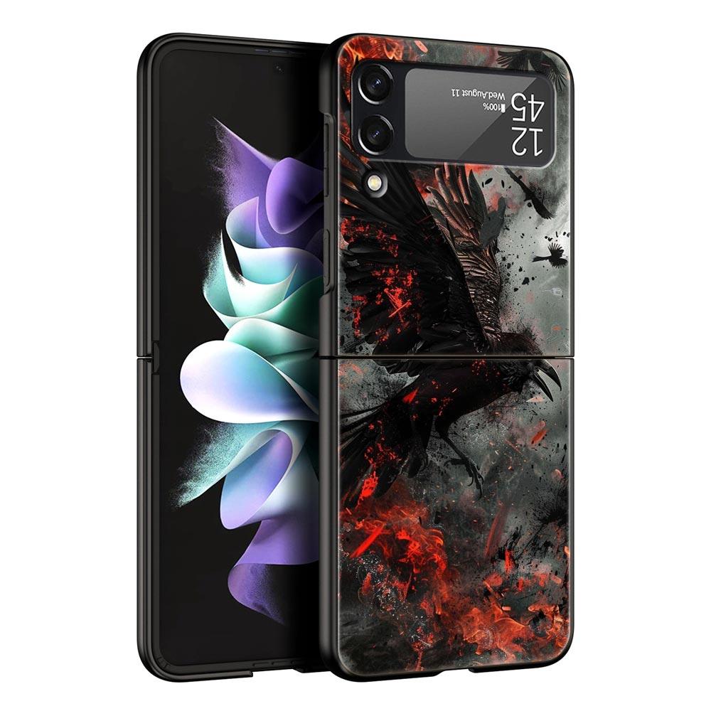 Black Raven Hard PC Phone Case For Samsung Galaxy Z Flip 7 6 5 4 Black Cover For Galaxy Z Flip 3 Foldable Shell Fundas Capas Bag