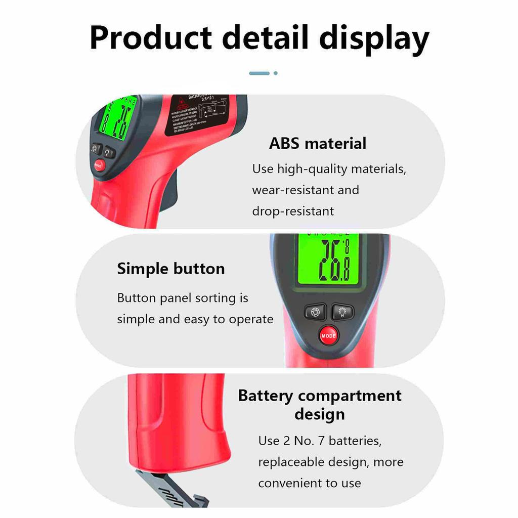 Инфракрасный термометр-пистолет -50~500°C Бесконтактный лазерный термометр Ручной датчик температуры Измерение Цифровой пирометр ЖК-дисплей с подсветкой