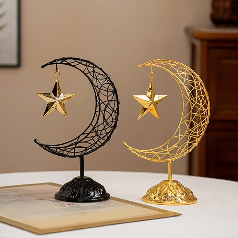 Artistic Middle Eastern Iron Moon Star Sculpture With Base Eid Ramadans Hollowout Ornament for Muslims Party Supplies