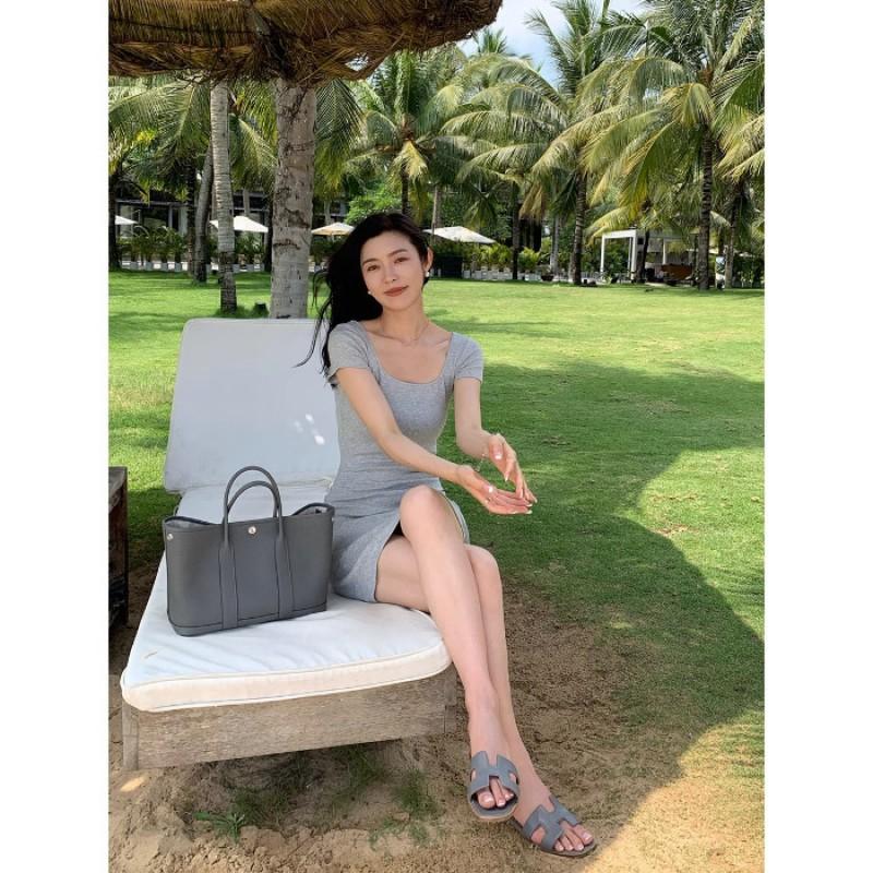Pure Desire Style Hot Girl U-neck Knitted Base Short-sleeved Dress Women's Slim Slimming Solid Color Hip T-shirt Skirt