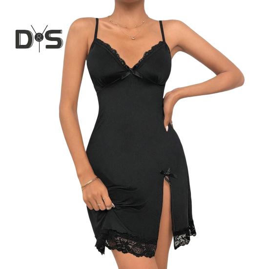 Женская ночная рубашка с V-образным вырезом на спине, без рукавов, с бантом, кружевом, цветочной вышивкой, ночная рубашка с тонкими бретельками и разрезом на подоле, ночная рубашка для брачной ночи на День святого Валентина