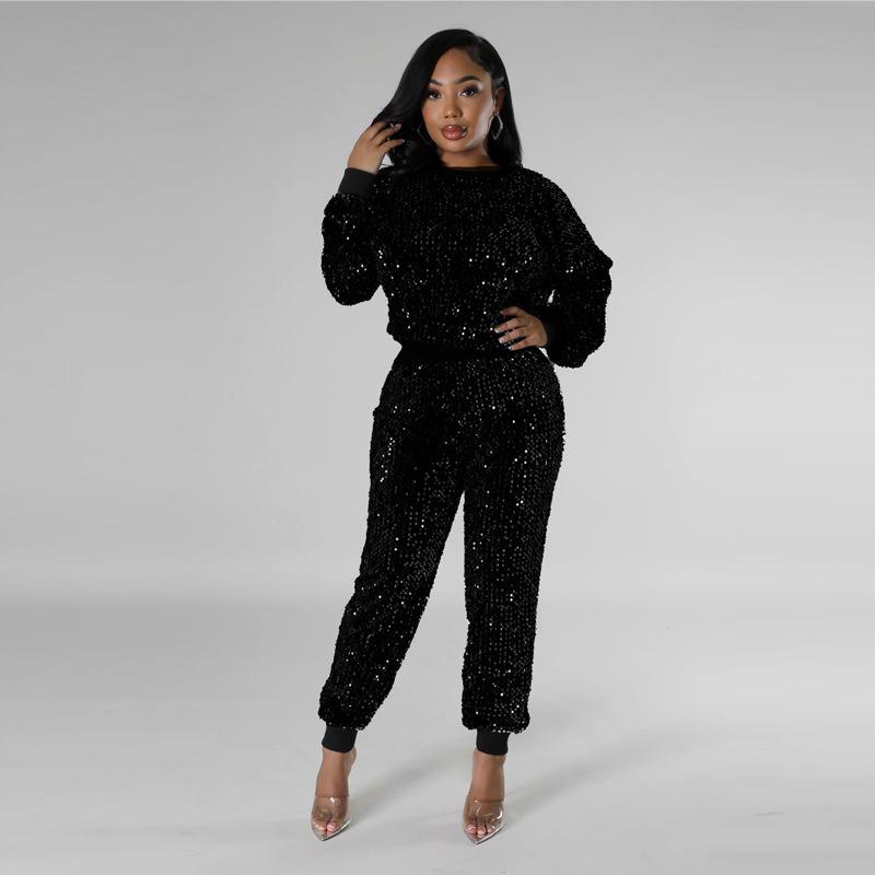 Европейский и американский женский костюм-двойка с длинными рукавами и пайетками - мода осень/зима для вечеринок и отдыха