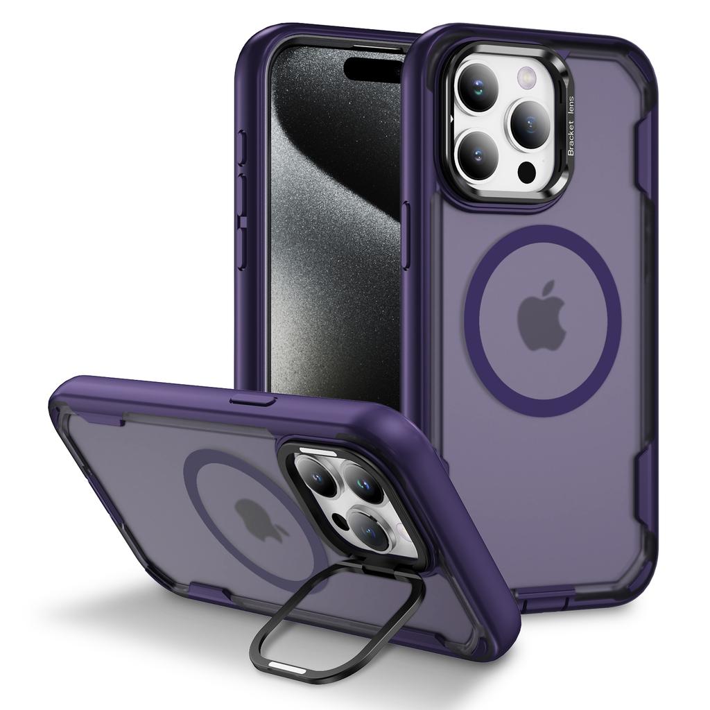 For iPhone 15 Pro Max Case Compatible with MagSafe Lens Frame Kickstand TPU+PC Shockproof Phone Cover