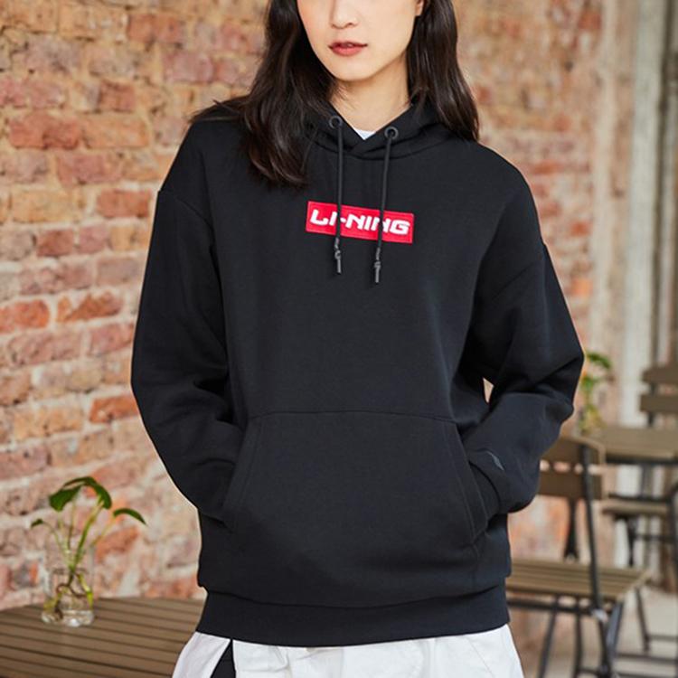 Li Ning Sports Fashion Series вышитый логотип свободная флисовая толстовка с капюшоном унисекс толстовка черная AWDRC33-2