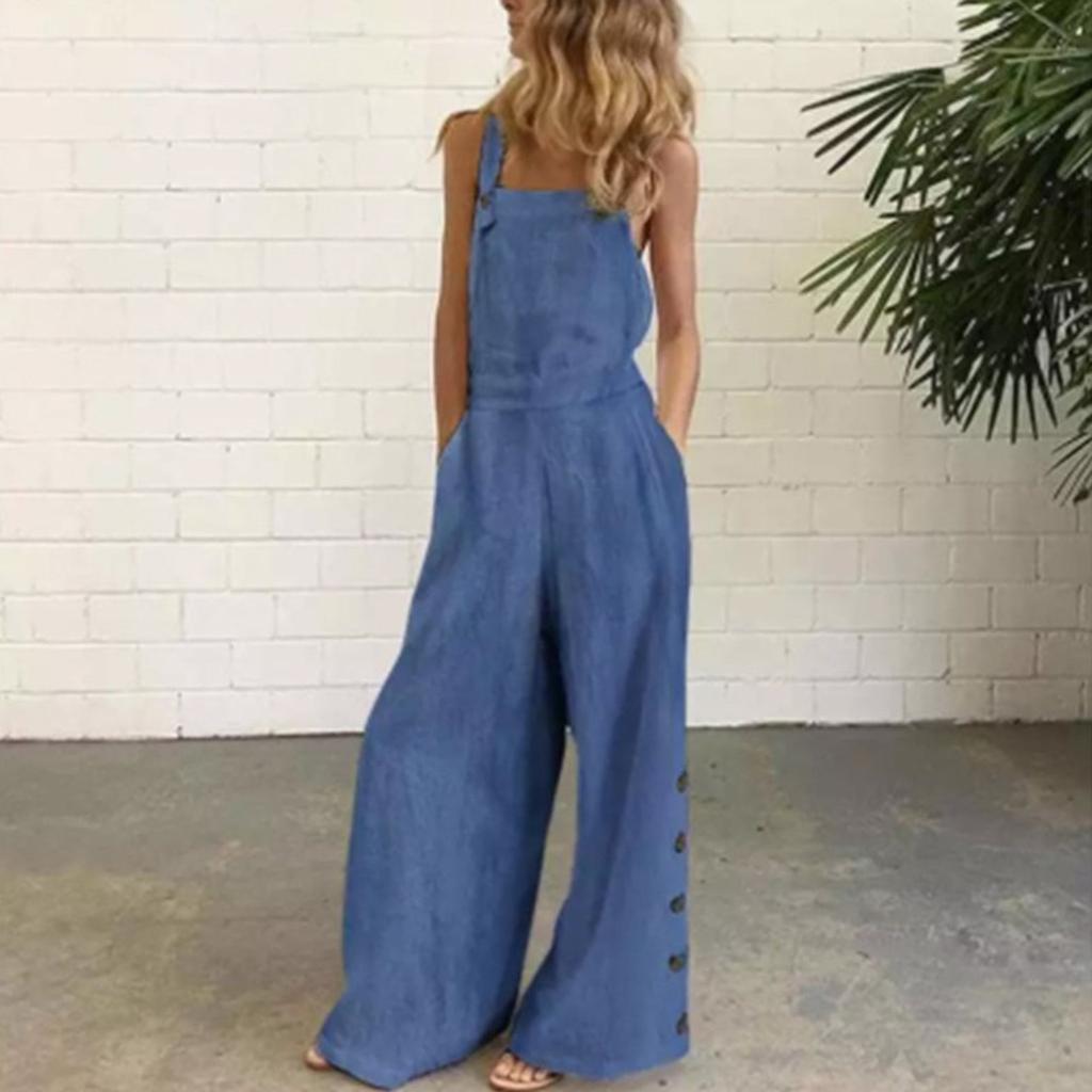 Women's Casual Solid Color Denim Side Pockets Wide Leg Side Button Jumpsuit