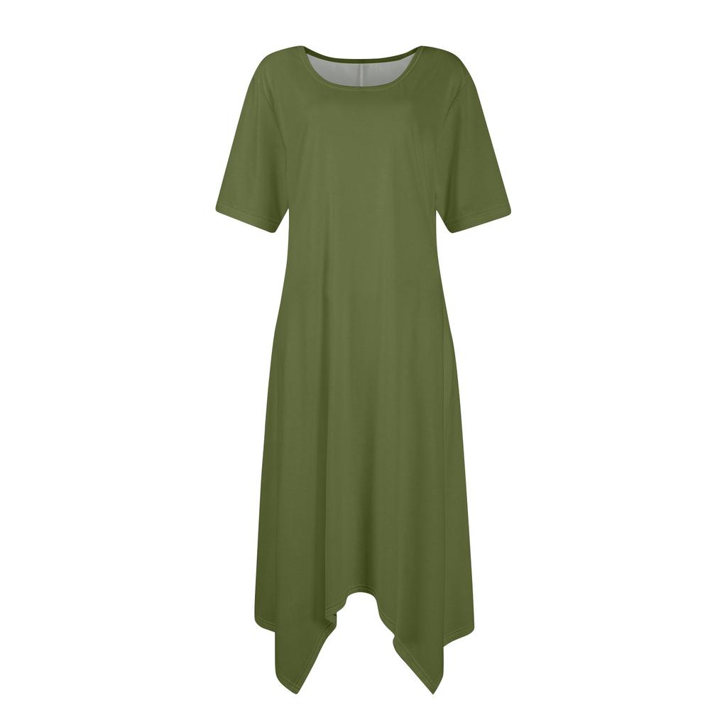 Женское повседневное модное платье миди с круглым вырезом и коротким рукавом, однотонное, с неровным подолом