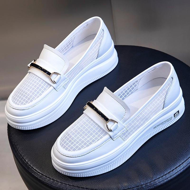 Leather little white shoes women's 2025 summer new thick-soled heightening one-pedal casual single shoes women's mesh breathable women's shoes