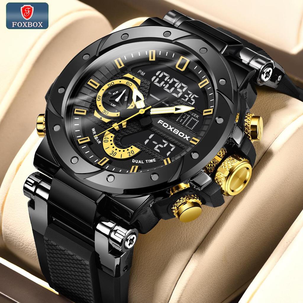 LIGE Sub-brand FOXBOX Fashion Digital Watch Men Dial Dual Display Outdoors Waterproof Sport Luminous Silicone Wristwatch