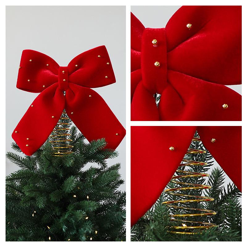 Christmas Tree Topper With Red Flannel Fabric Star And Bow For Holiday Decor